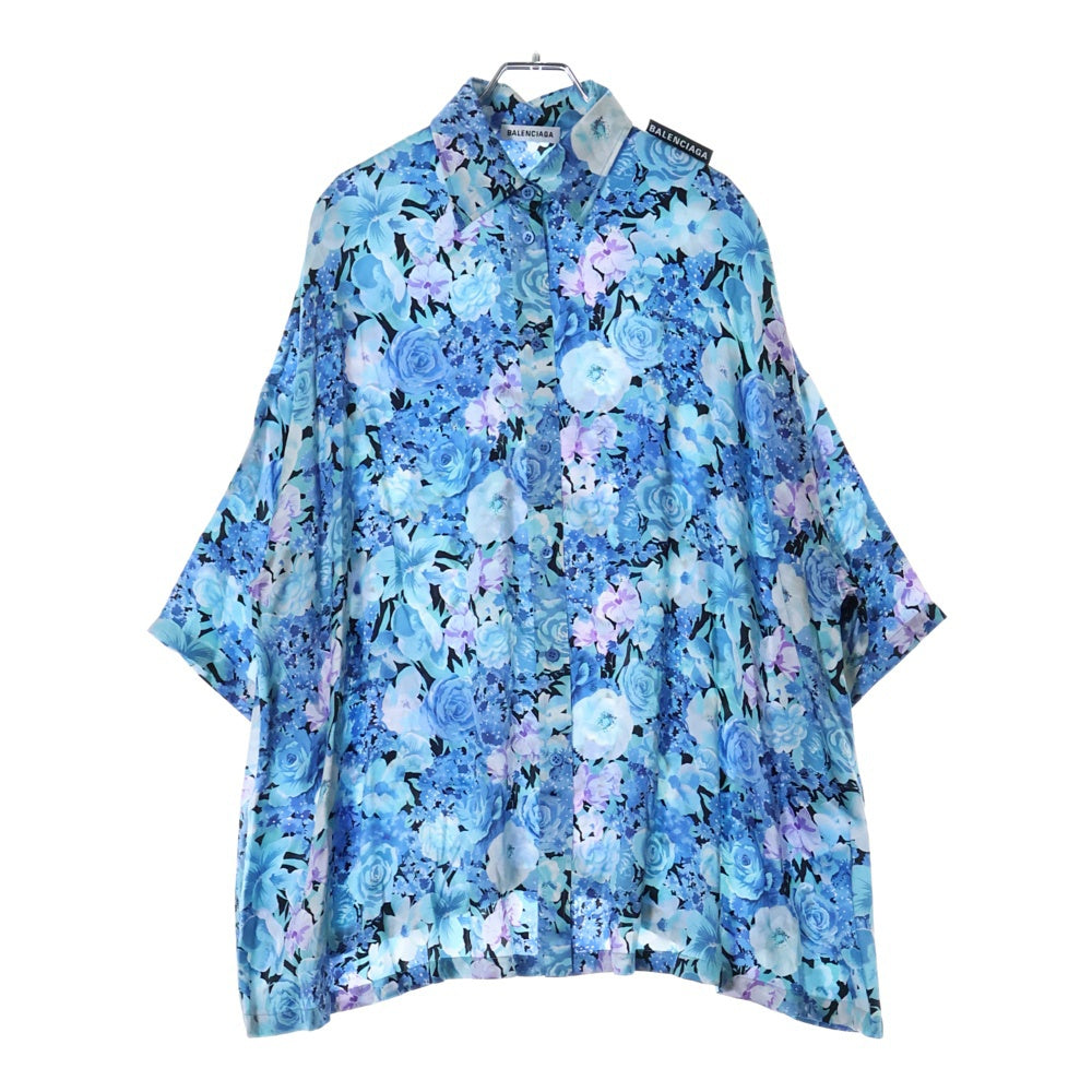 BALENCIAGA(バレンシアガ) 20SS ショルダータグ フローラル総柄 ロングスリーブ シルク 長袖シャツ ブルー 621885 TILB4 レディース