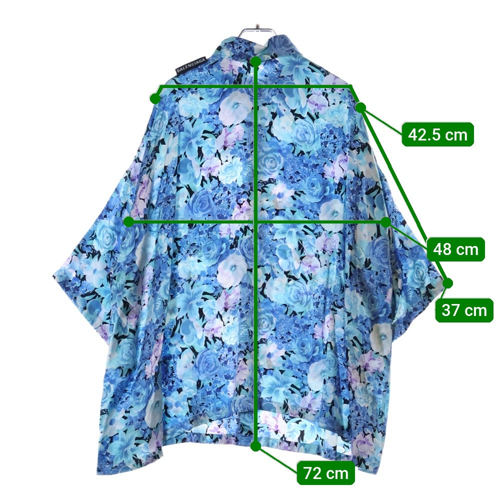 BALENCIAGA(バレンシアガ) 20SS ショルダータグ フローラル総柄 ロングスリーブ シルク 長袖シャツ ブルー 621885 TILB4 レディース