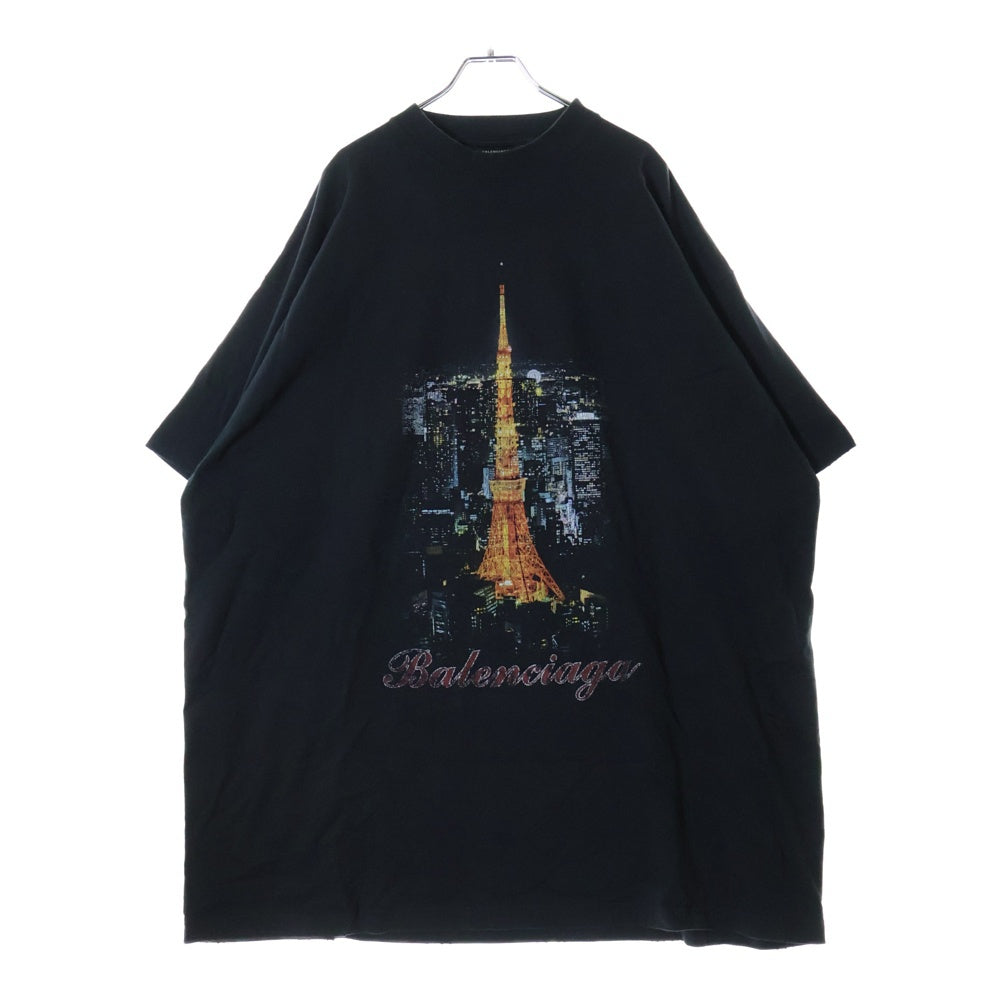 BALENCIAGA(バレンシアガ) 24SS 日本限定 GINZA STORE ヴィンテージ加工タワープリント半袖Tシャツ ブラック 787349 TQV75