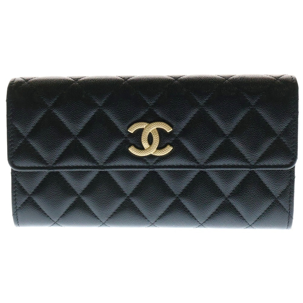 CHANEL(シャネル) ココマーク マトラッセ キャビアスキン レザー フラップ ロングウォレット 長財布 ブラック レディース