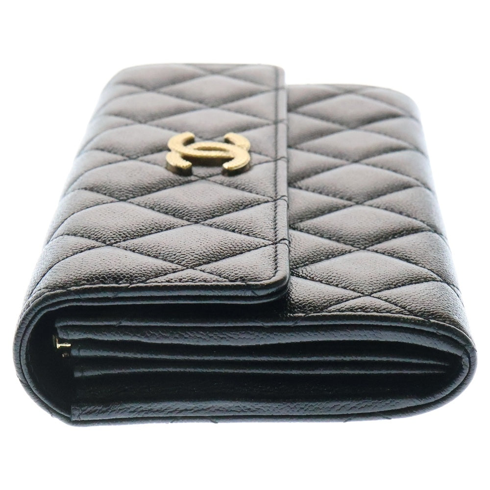 CHANEL(シャネル) ココマーク マトラッセ キャビアスキン レザー フラップ ロングウォレット 長財布 ブラック レディース
