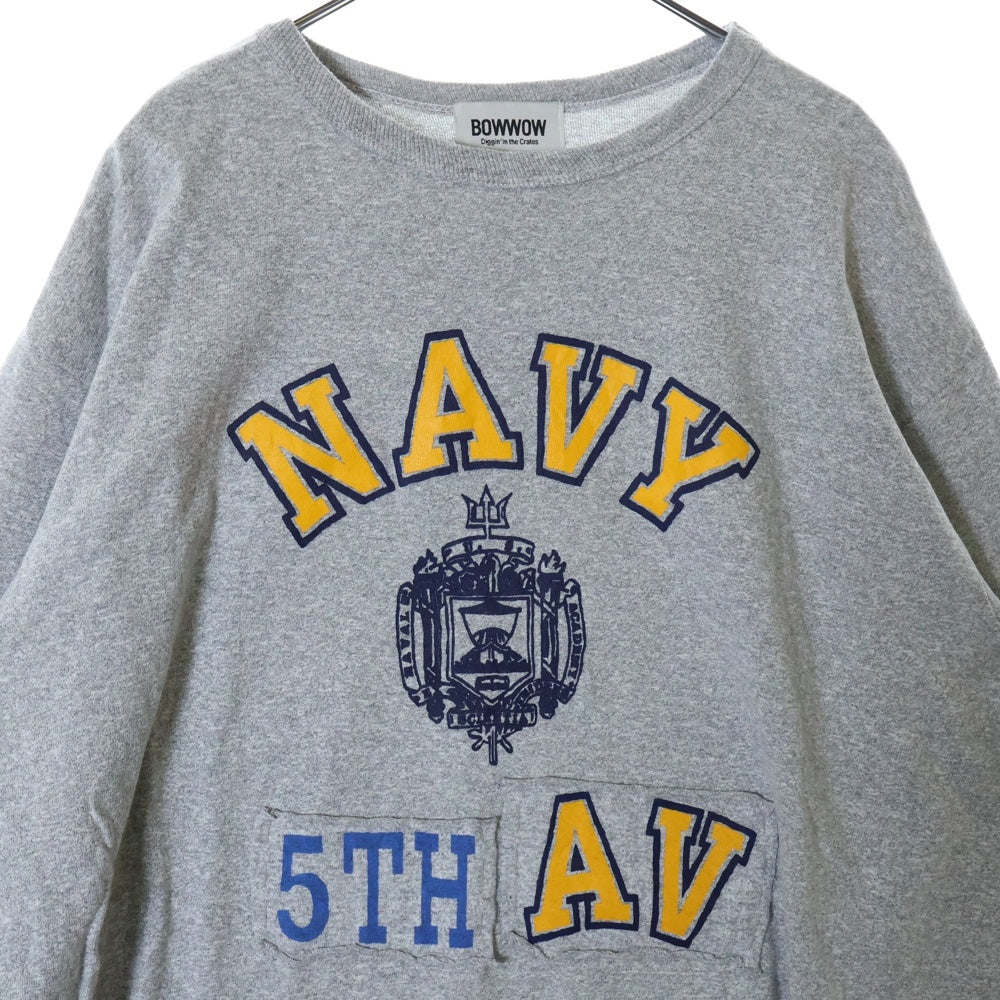 BOWWOW(バウワウ) 23AW USN 5TH AVE 88/12 LS カレッジロゴプリント パッチワーク ロングスリーブ 長袖Tシャツ グレー BW2302-U581L