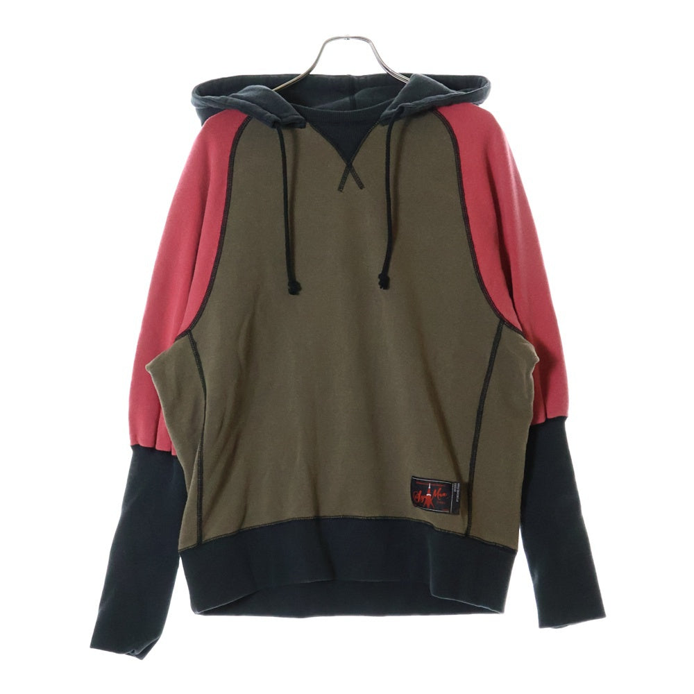 SyuMan(シューマン) 23AW FREEDOM SLEEVE SWEAT-HOODIE フリーダムスリーブ 袖切替 ラグラン プルオーバーパーカー フーディ ブラウン/レッド AD23aw-03
