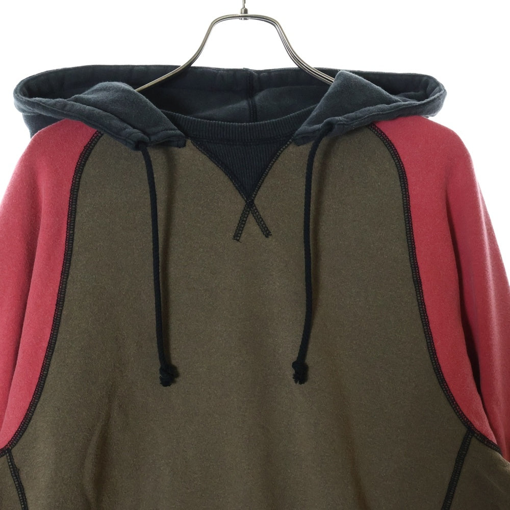 SyuMan(シューマン) 23AW FREEDOM SLEEVE SWEAT-HOODIE フリーダムスリーブ 袖切替 ラグラン プルオーバーパーカー フーディ ブラウン/レッド AD23aw-03