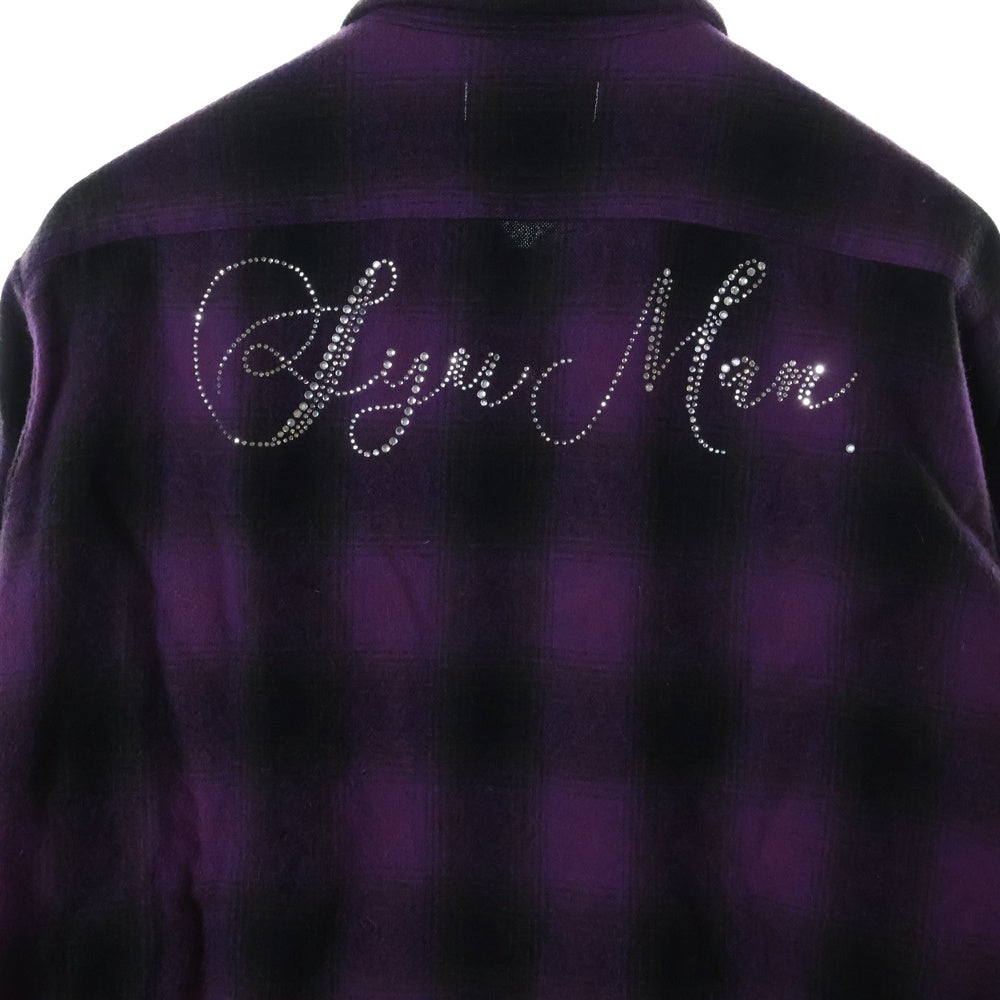SyuMan(シューマン) 23AW BROKEN LONG SLEEVES WITH RHINESTONE TYPE2 ダメージ加工 ラインストーン フランネル チェック シャツ パープル/ブラック YO23aw-03
