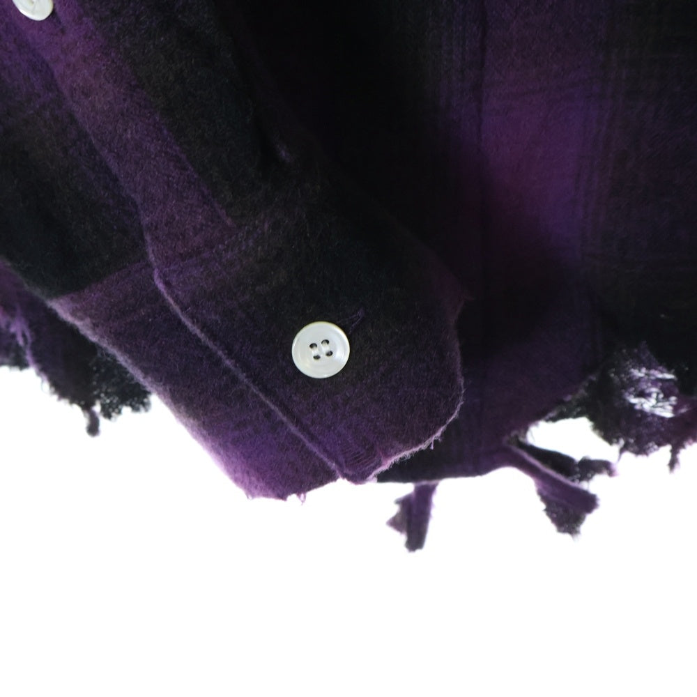 SyuMan(シューマン) 23AW BROKEN LONG SLEEVES WITH RHINESTONE TYPE2 ダメージ加工 ラインストーン フランネル チェック シャツ パープル/ブラック YO23aw-03