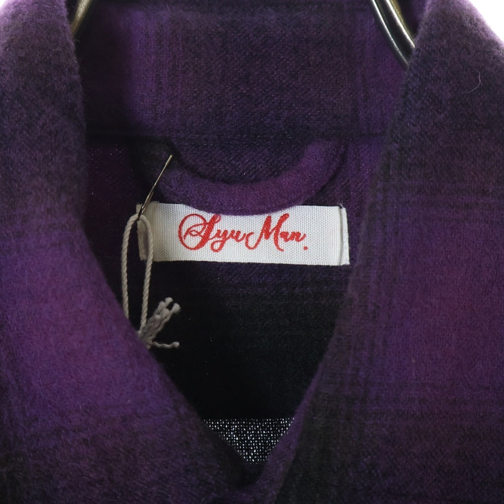 SyuMan(シューマン) 23AW BROKEN LONG SLEEVES WITH RHINESTONE TYPE2 ダメージ加工 ラインストーン フランネル チェック シャツ パープル/ブラック YO23aw-03