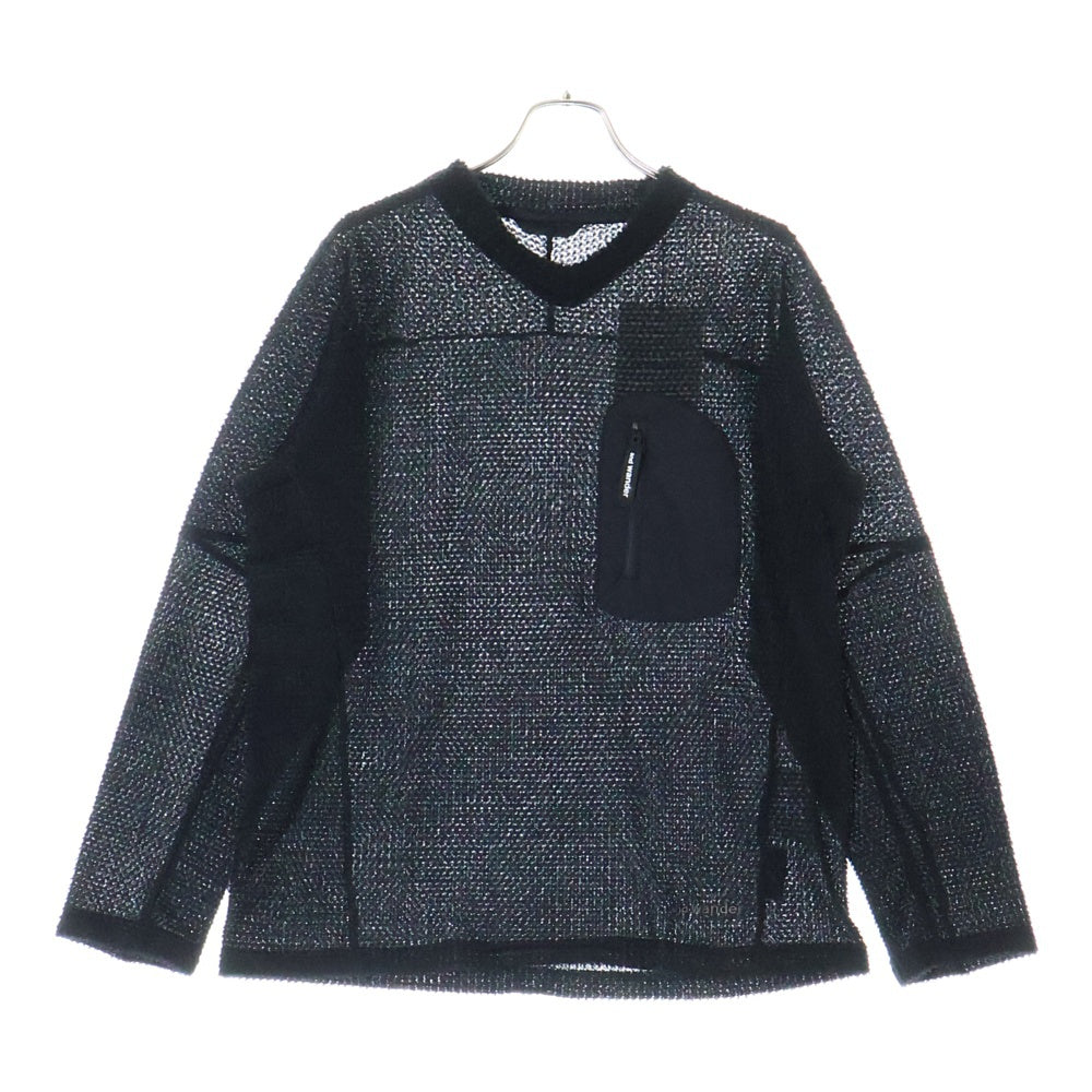 and wander(アンドワンダー) 23AW ×ALPHA DIRECT KNIT PULLOVER アルファダイレクト フロントポケット Vネック ニットセーター ブラック 574-3244024