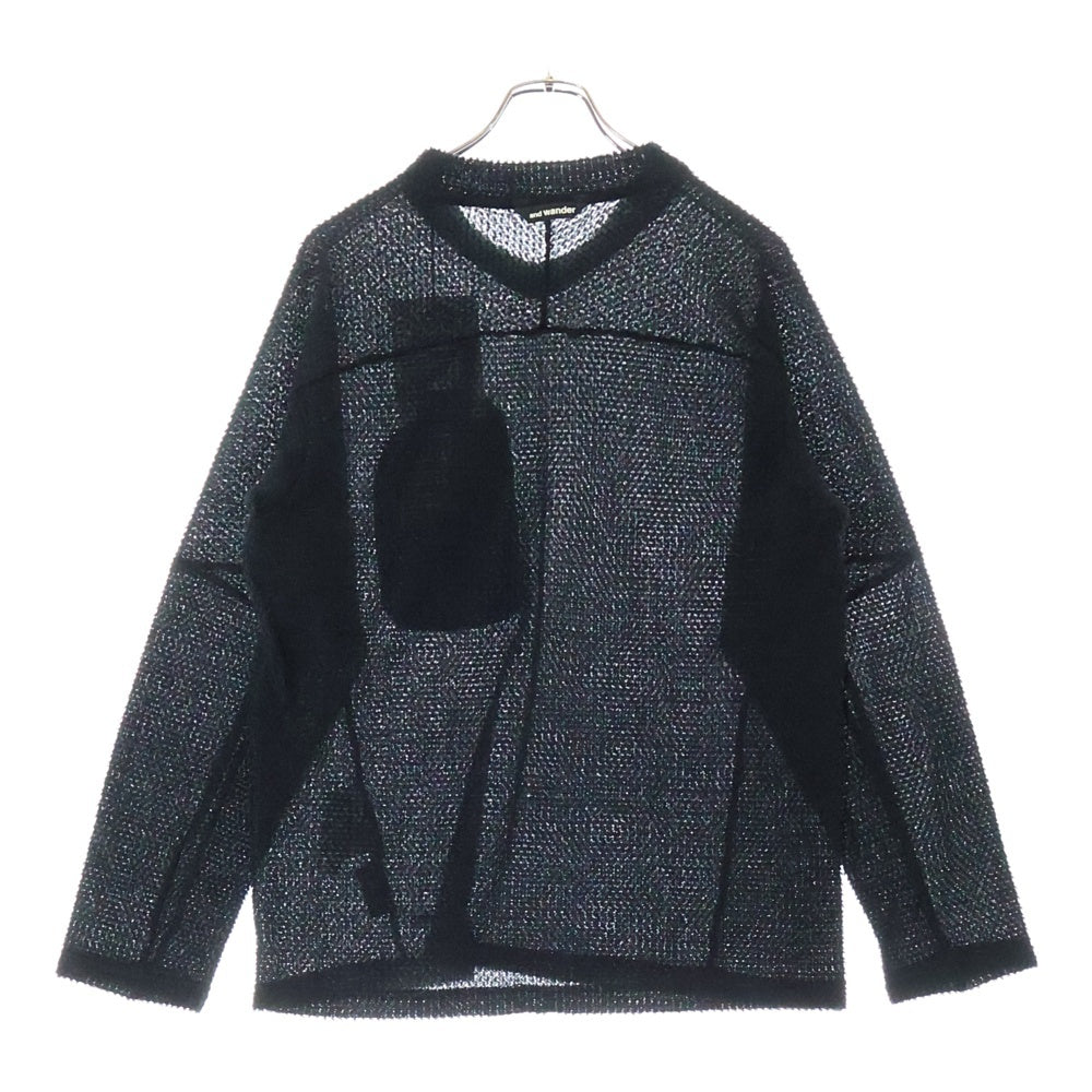 and wander(アンドワンダー) 23AW ×ALPHA DIRECT KNIT PULLOVER アルファダイレクト フロントポケット Vネック ニットセーター ブラック 574-3244024