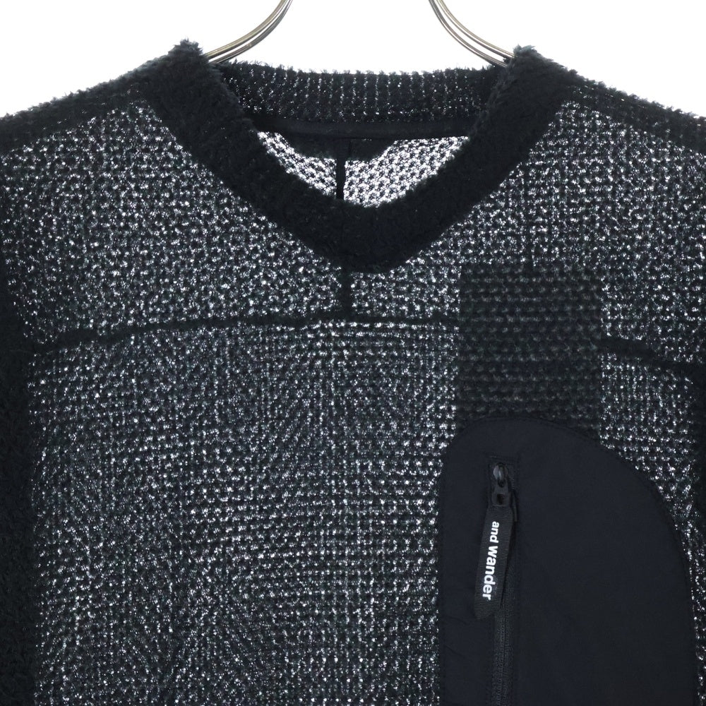 and wander(アンドワンダー) 23AW ×ALPHA DIRECT KNIT PULLOVER アルファダイレクト フロントポケット Vネック ニットセーター ブラック 574-3244024