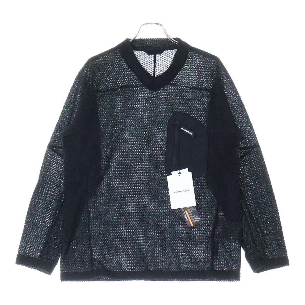 and wander(アンドワンダー) 23AW ×ALPHA DIRECT KNIT PULLOVER アルファダイレクト フロントポケット Vネック ニットセーター ブラック 574-3244024