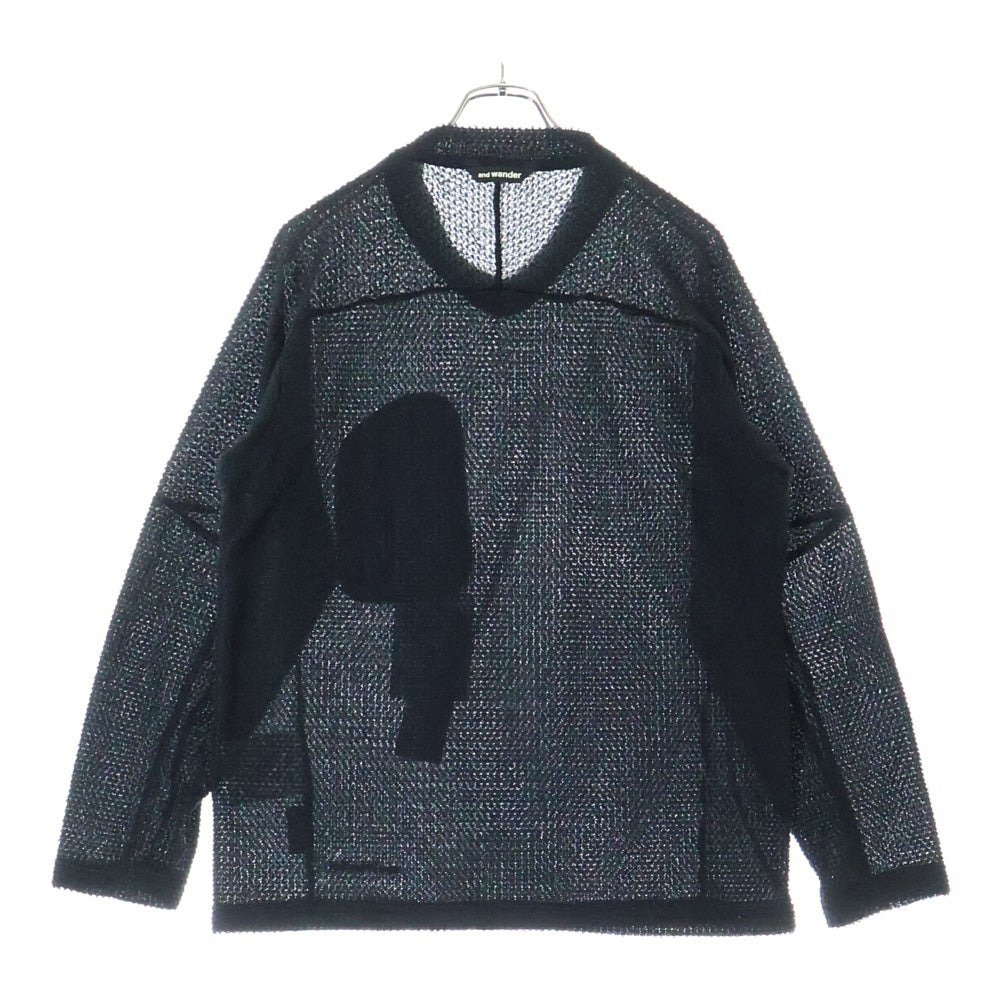 and wander(アンドワンダー) 23AW ×ALPHA DIRECT KNIT PULLOVER アルファダイレクト フロントポケット Vネック ニットセーター ブラック 574-3244024