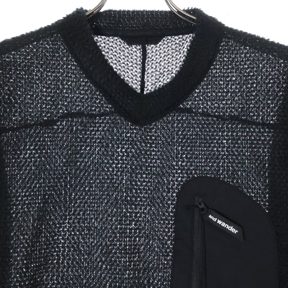 and wander(アンドワンダー) 23AW ×ALPHA DIRECT KNIT PULLOVER アルファダイレクト フロントポケット Vネック ニットセーター ブラック 574-3244024