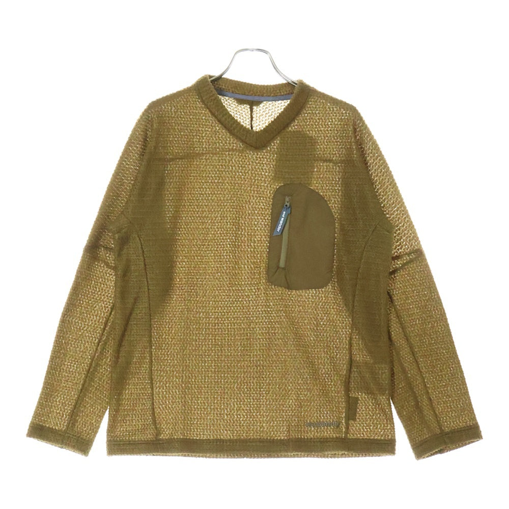 and wander(アンドワンダー) 23AW ×ALPHA DIRECT KNIT PULLOVER アルファダイレクト フロントポケット Vネック ニットセーター カーキ 574-3244024