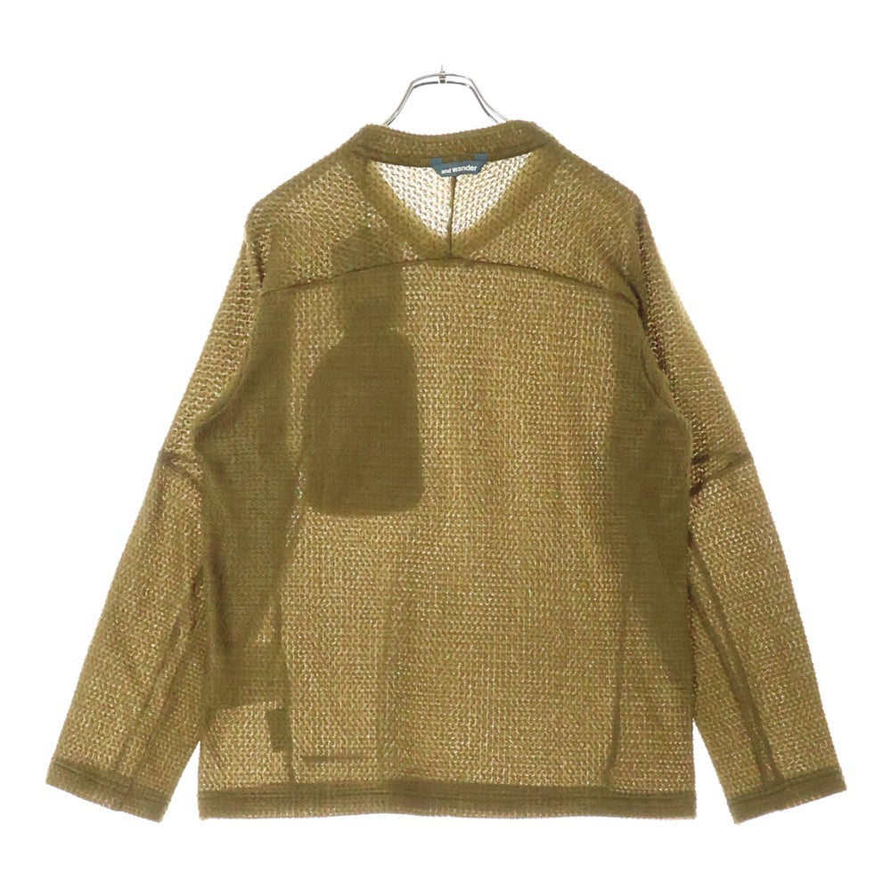 and wander(アンドワンダー) 23AW ×ALPHA DIRECT KNIT PULLOVER アルファダイレクト フロントポケット Vネック ニットセーター カーキ 574-3244024