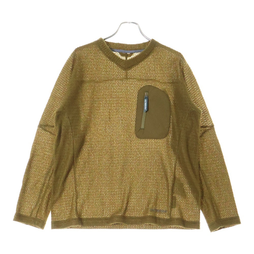 and wander(アンドワンダー) 23AW ×ALPHA DIRECT KNIT PULLOVER アルファダイレクト フロントポケット Vネック ニットセーター カーキ 574-3244024