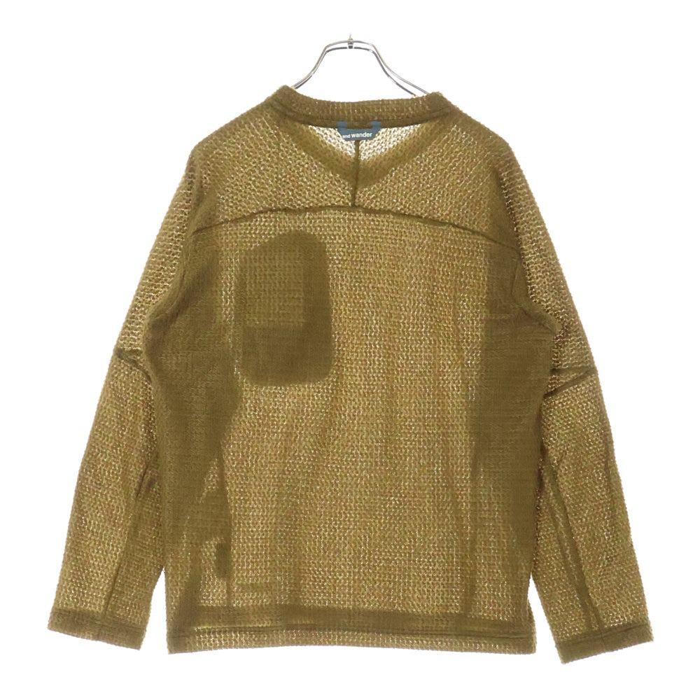 and wander(アンドワンダー) 23AW ×ALPHA DIRECT KNIT PULLOVER アルファダイレクト フロントポケット Vネック ニットセーター カーキ 574-3244024