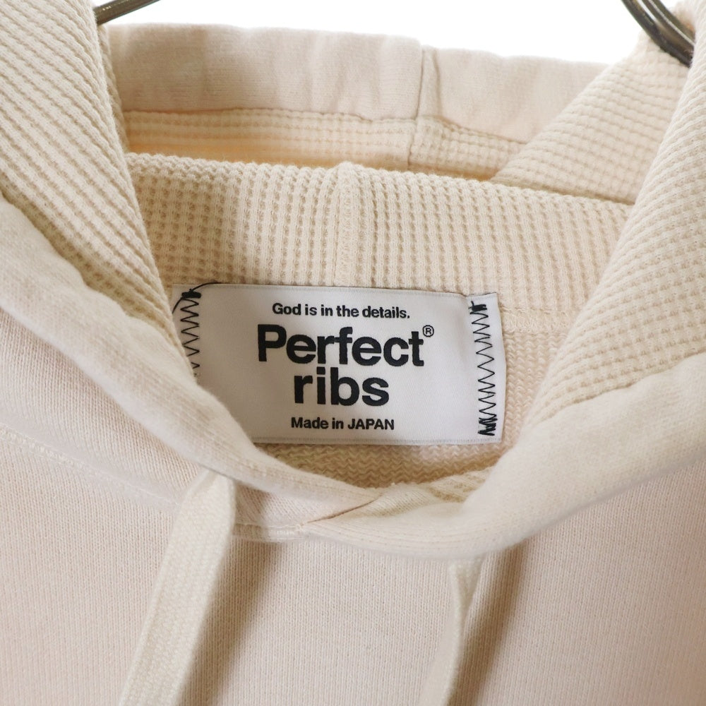 Perfect Ribs(パーフェクトリブス) 23AW BASIC HOODIE フェルトパッチ リブニット切替 サーマルライニングフード ベーシック プルオーバーパーカー フーディ ベージュ