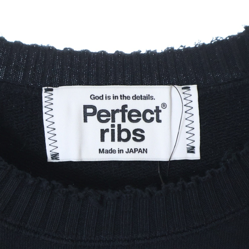Perfect Ribs(パーフェクトリブス) 23AW STRANGE SLEEVE CREW NECK SWEAT SHIRT フェルトパッチ リブニット切替 クルーネック スウェットトレーナー ブラック