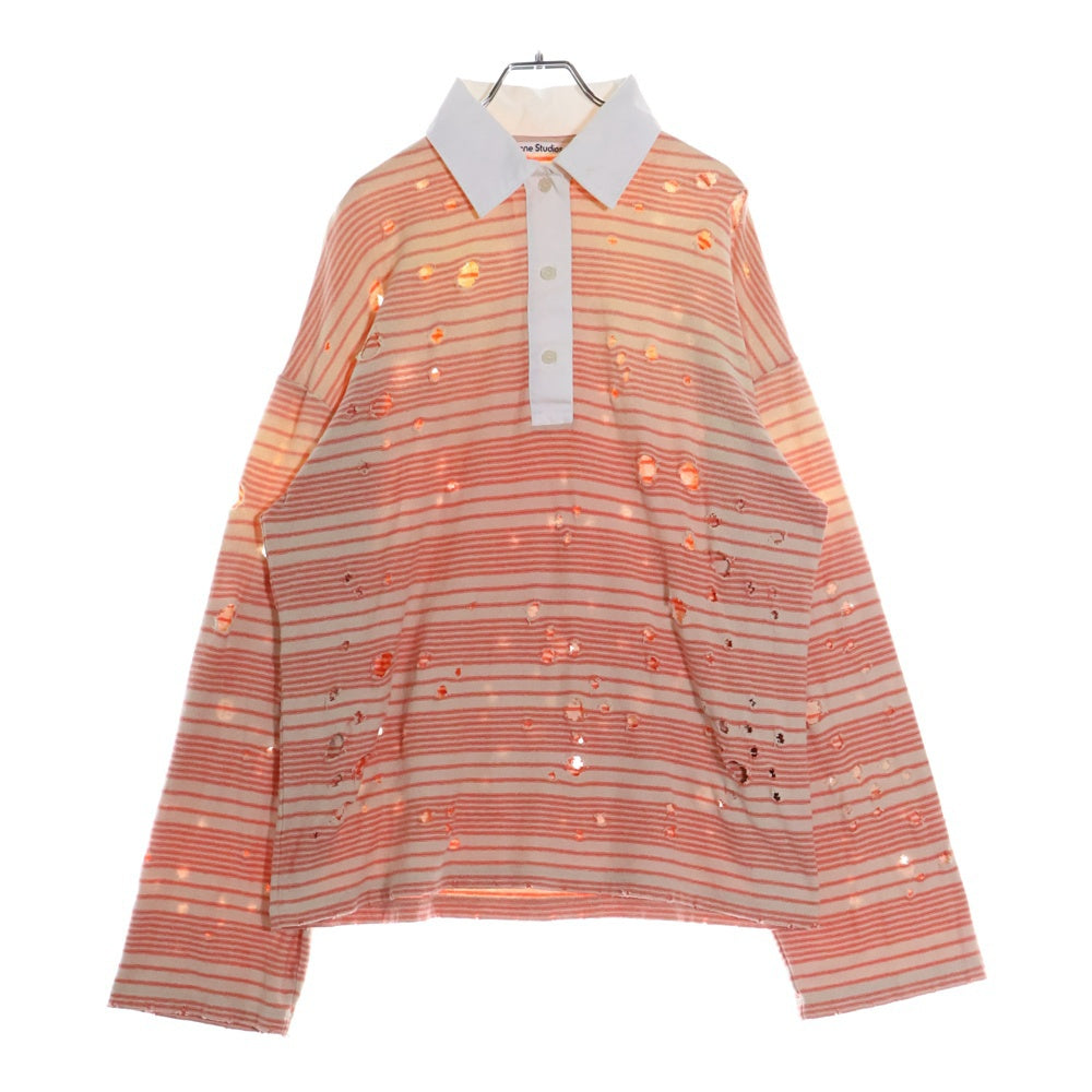 Acne Studios(アクネ ストゥディオズ) クラッシュ加工 マルチボーダー 長袖ポロシャツ オレンジ/ベージュ FN-WN-TSHI000447 レディース
