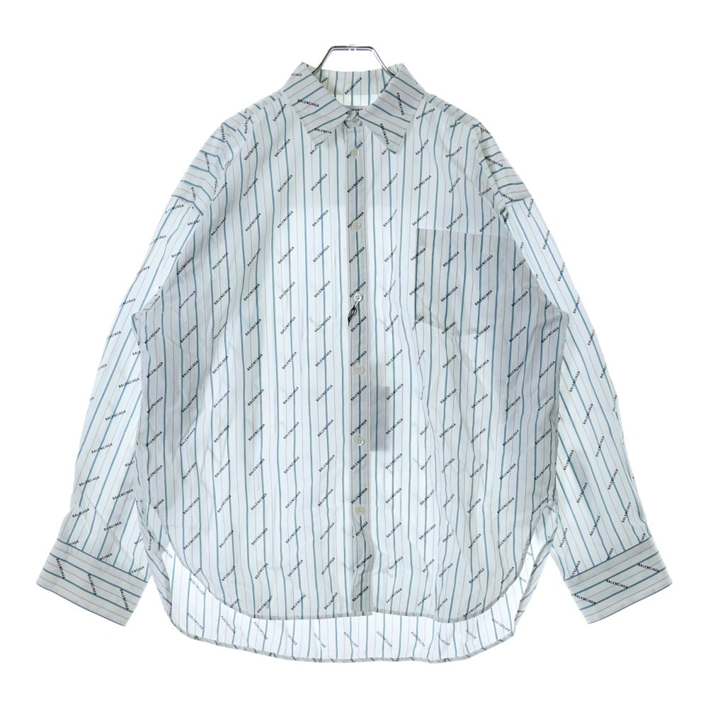 BALENCIAGA(バレンシアガ) ロゴ総柄 ストライプ 長袖シャツ ホワイト/グリーン/ブルー 527818 TELA1