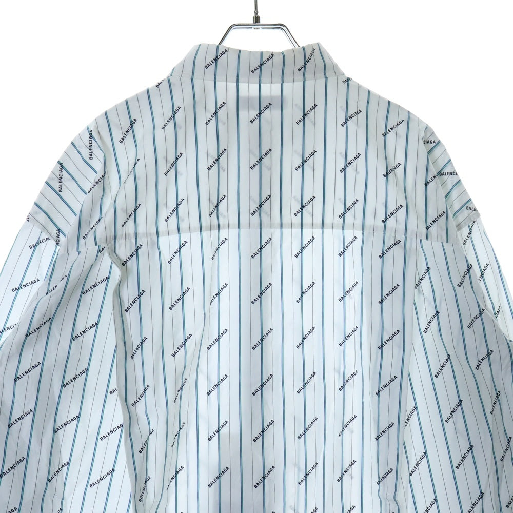 BALENCIAGA(バレンシアガ) ロゴ総柄 ストライプ 長袖シャツ ホワイト/グリーン/ブルー 527818 TELA1