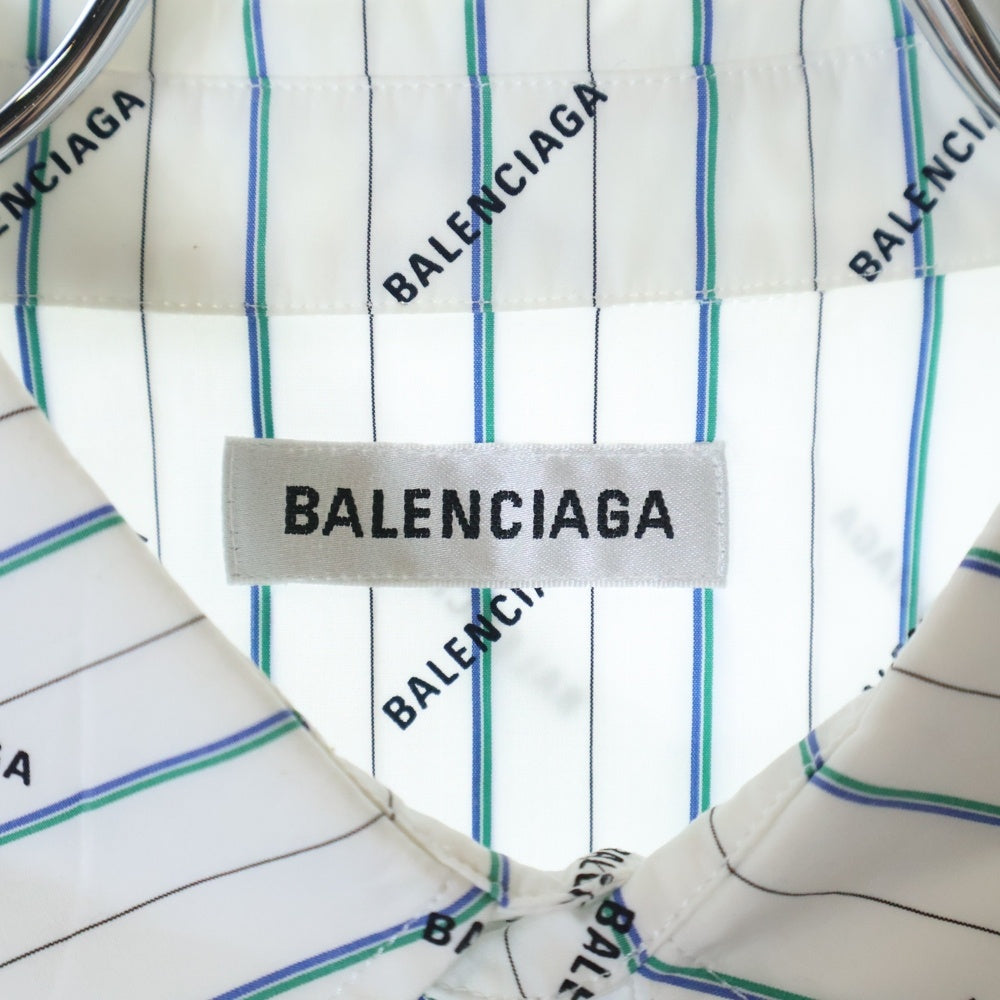 BALENCIAGA(バレンシアガ) ロゴ総柄 ストライプ 長袖シャツ ホワイト/グリーン/ブルー 527818 TELA1