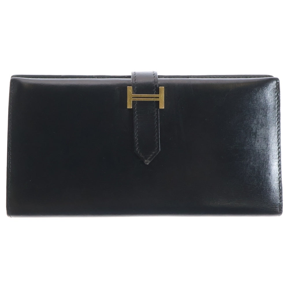 HERMES(エルメス) ベアン クラシックボックスカーフ レザー 2つ折り 長財布 ウォレット ブラック □F刻印