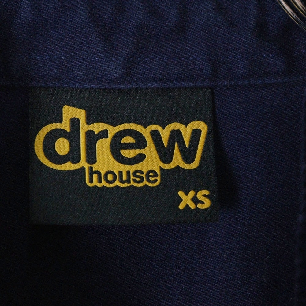 drew house(ドリューハウス) 襟コーデュロイ切り替え フロントロゴ カットオフ 半袖ワークシャツ ネイビー