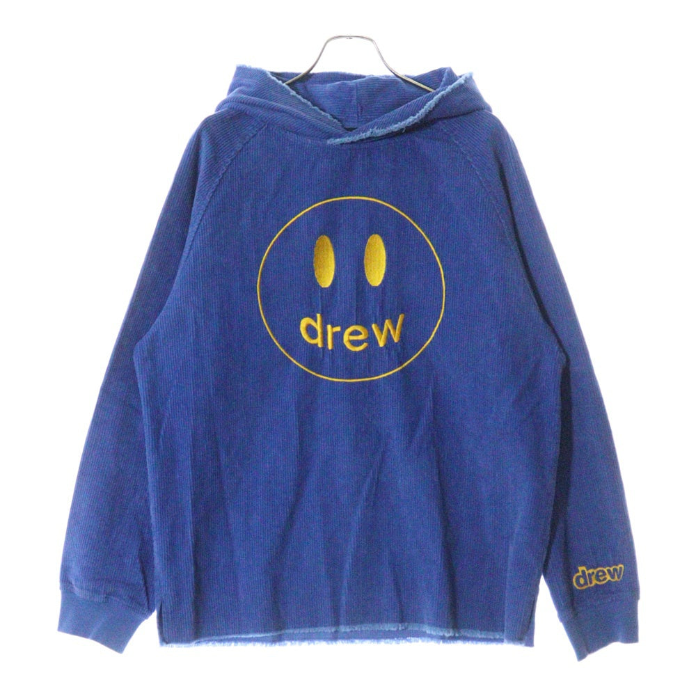 drew house(ドリューハウス) 22AW CORDUROY HOODIE コーデュロイ フロントロゴ刺繍 カットオフ プルオーバー パーカー フーディ ブルー/イエロー