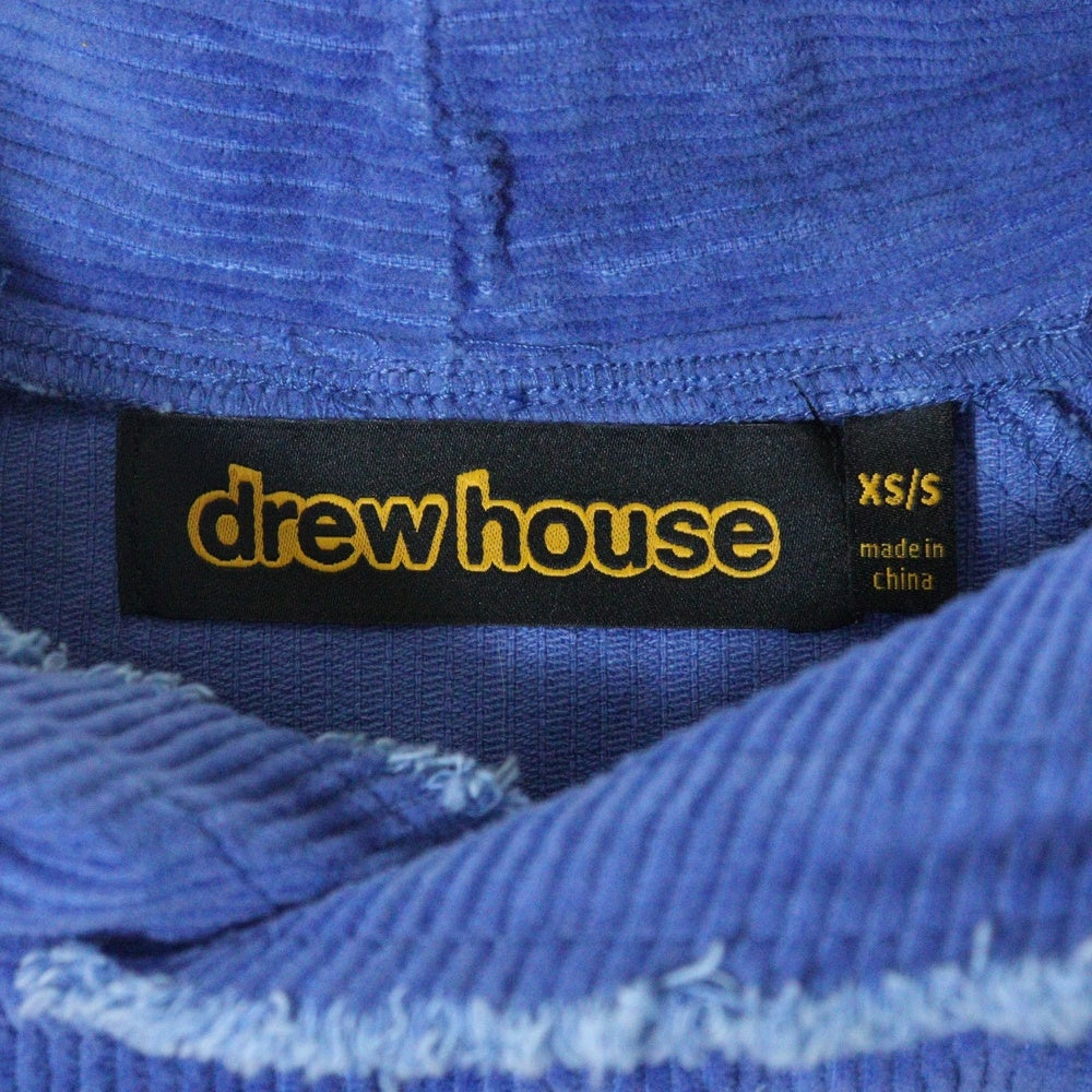 drew house(ドリューハウス) 22AW CORDUROY HOODIE コーデュロイ フロントロゴ刺繍 カットオフ プルオーバー パーカー フーディ ブルー/イエロー