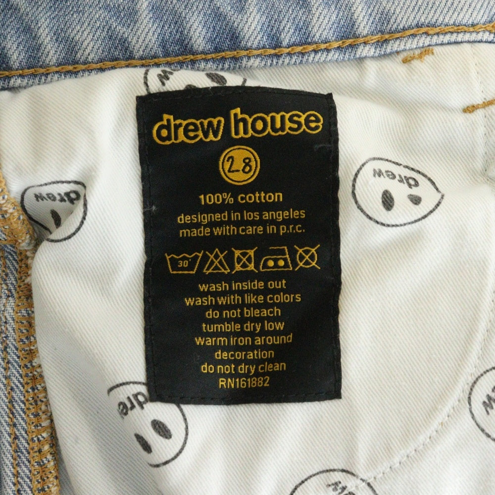 drew house(ドリューハウス) ヴィンテージ加工 フリンジ ボタンフライ カーペンター デニムハーフパンツ ブルー