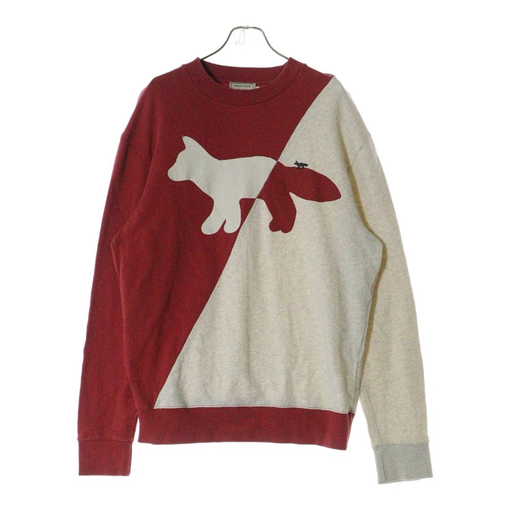 MAISON KITSUNE(メゾンキツネ) ツートンカラー フロントプリント クルーネックスウェットトレーナー グレー/レッド KMM-48680-B