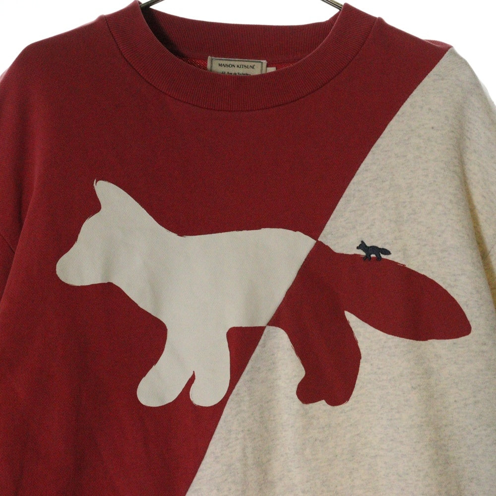 MAISON KITSUNE(メゾンキツネ) ツートンカラー フロントプリント クルーネックスウェットトレーナー グレー/レッド KMM-48680-B