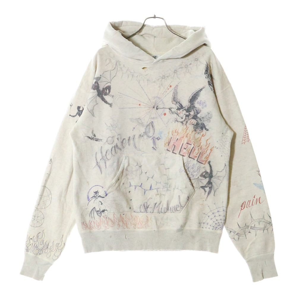 SAINT MICHAEL(セントマイケル) 21AW ×Dr.Woo HOODIE ドクターウー フーディ ペイントデザイン ヴィンテージ加工 プルオーバースウェットパーカー ベージュ SM-A21-0000-056
