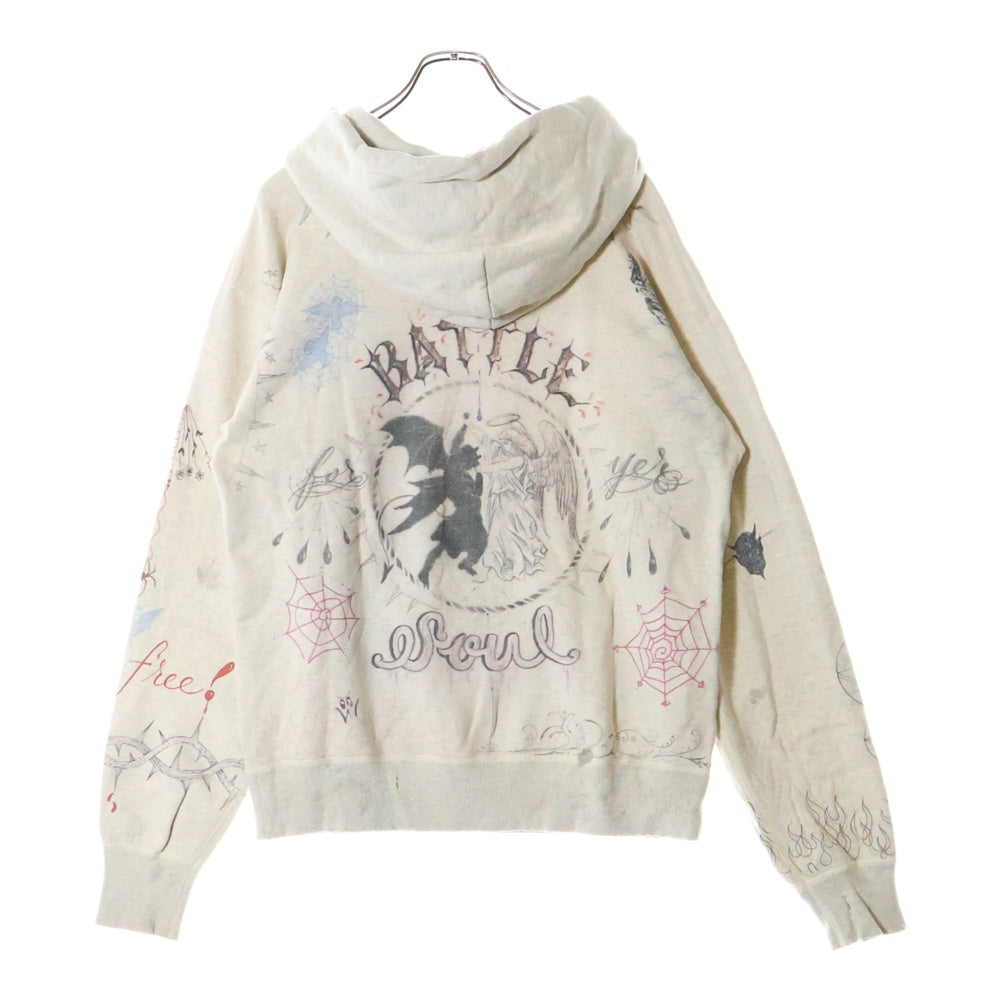 SAINT MICHAEL(セントマイケル) 21AW ×Dr.Woo HOODIE ドクターウー フーディ ペイントデザイン ヴィンテージ加工 プルオーバースウェットパーカー ベージュ SM-A21-0000-056