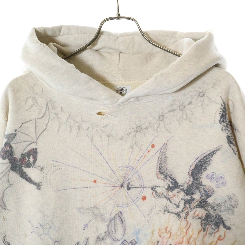 SAINT MICHAEL(セントマイケル) 21AW ×Dr.Woo HOODIE ドクターウー フーディ ペイントデザイン ヴィンテージ加工 プルオーバースウェットパーカー ベージュ SM-A21-0000-056