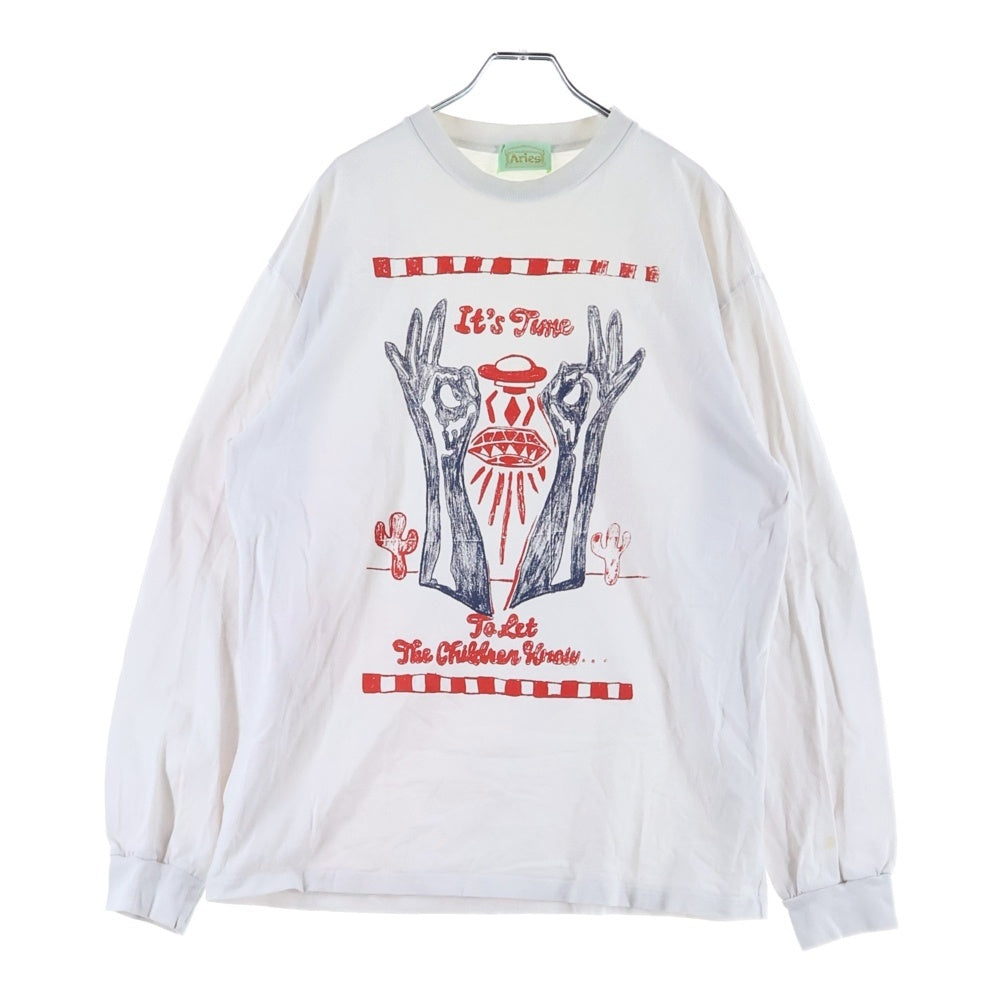 Aries(アリエス) IT'S TIME イッツタイム フロントプリント クルーネック長袖Tシャツ カットソー ホワイト SRAR 60007