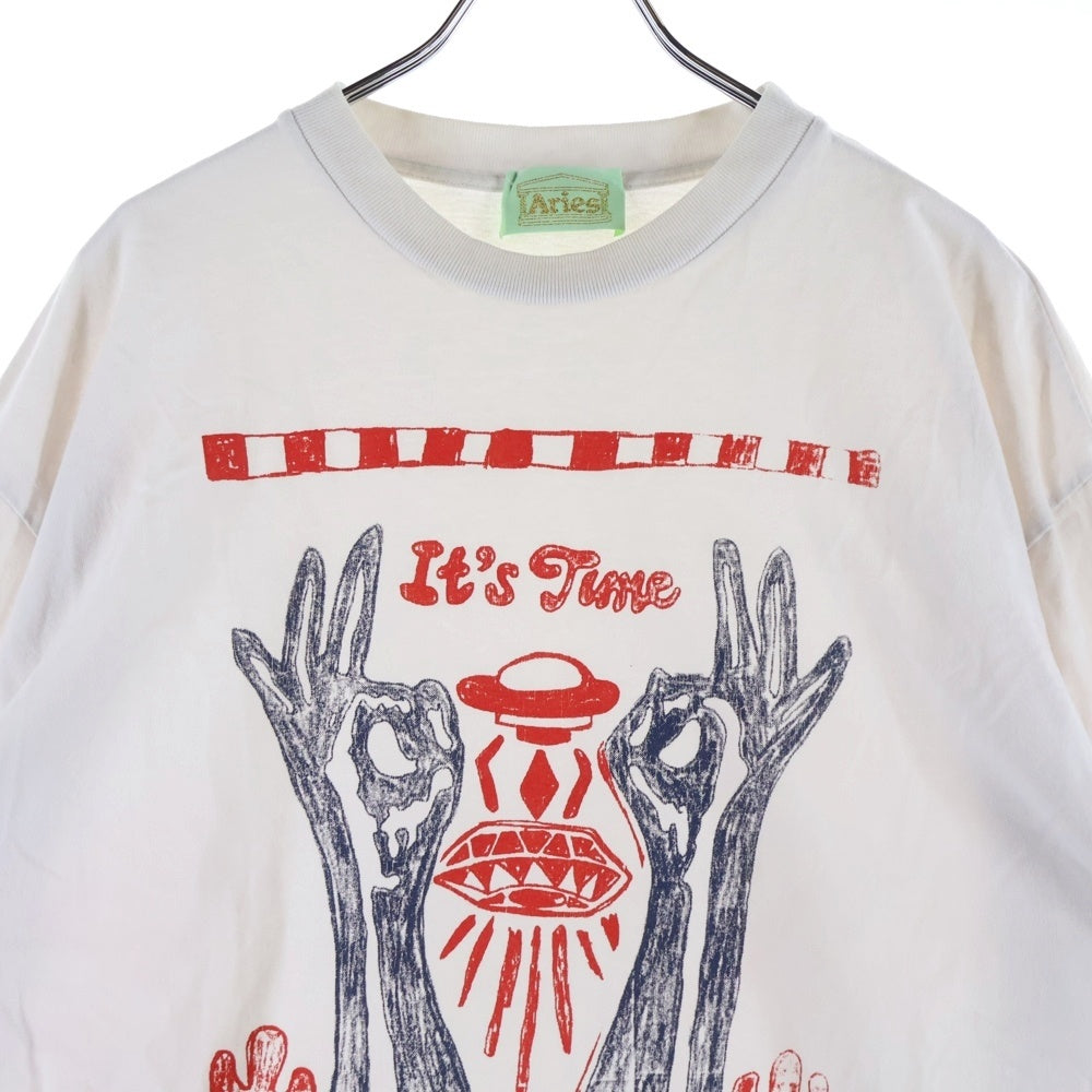 Aries(アリエス) IT'S TIME イッツタイム フロントプリント クルーネック長袖Tシャツ カットソー ホワイト SRAR 60007