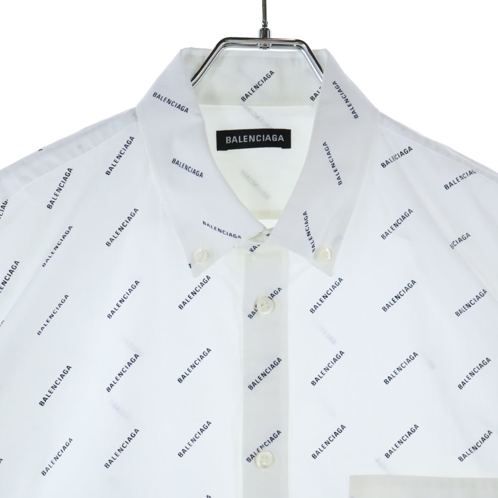 BALENCIAGA(バレンシアガ) 18SS ロゴ総柄 フロントポケット ボタンダウン半袖シャツ ホワイト 534332 TBL96