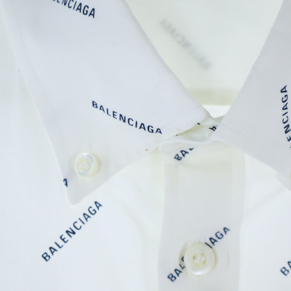 BALENCIAGA(バレンシアガ) 18SS ロゴ総柄 フロントポケット ボタンダウン半袖シャツ ホワイト 534332 TBL96