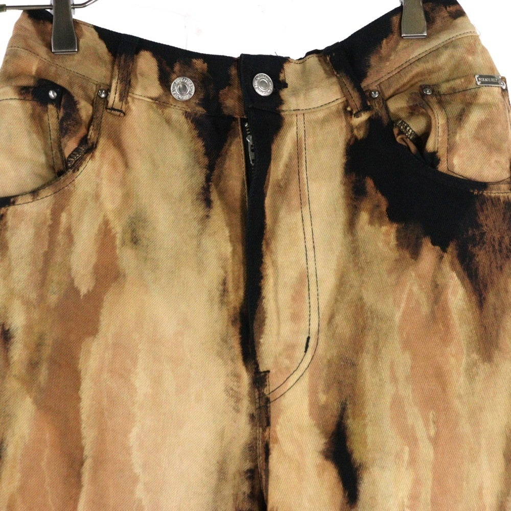NO BRAND(ノーブランド) HAND EFFECTED WRAPPING DENIM ハンドエフェクテッド ラッピングデニム 総柄 ブリーチ加工 ワイドパンツ オレンジ/ブラック