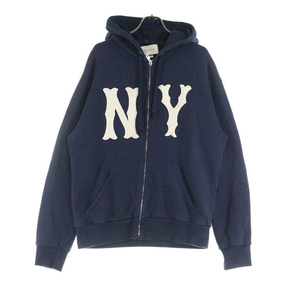 GUCCI(グッチ) 18AW ×MLB NewYork Yankees ニューヨーク ヤンキース ロゴパッチ ジップアップ スウェットパーカー フーディ ネイビー 519681 X9Y96