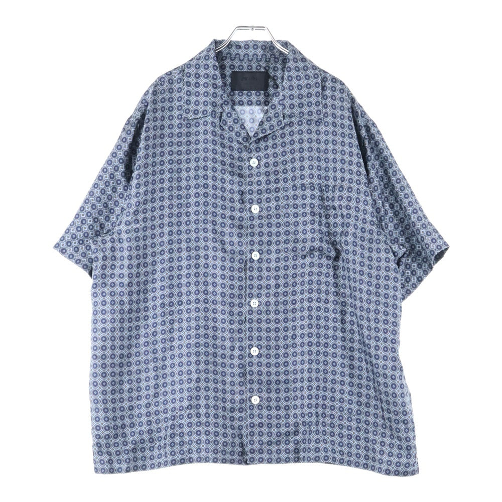 PRADA(プラダ) 24SS 総柄 オープンカラー 開襟 シルク 半袖シャツ ネイビー