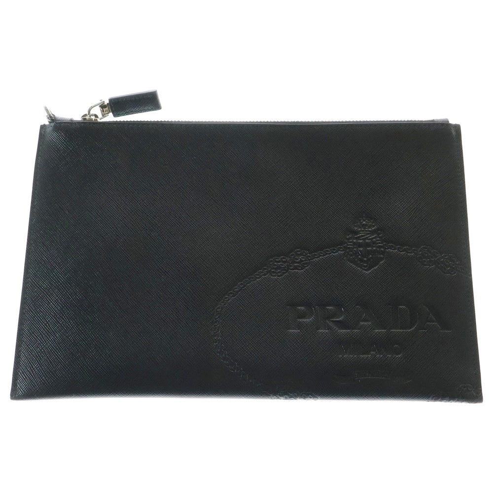 PRADA(プラダ) ロゴ エンボス レザークラッチバッグ セカンドバッグ ブラック