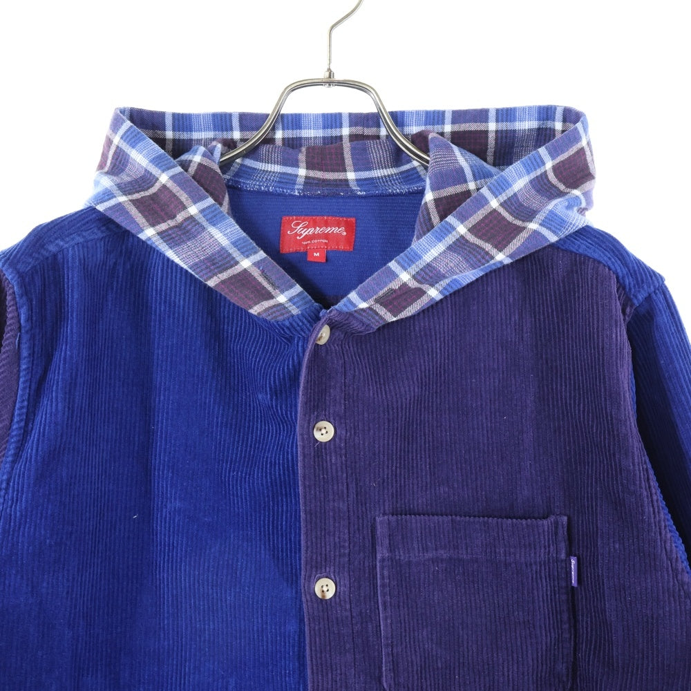SUPREME(シュプリーム) 18AW Hooded Color Blocked Corduroy Shirt フーデッド カラー ブロックド コーデュロイ 長袖シャツ ブルー/パープル