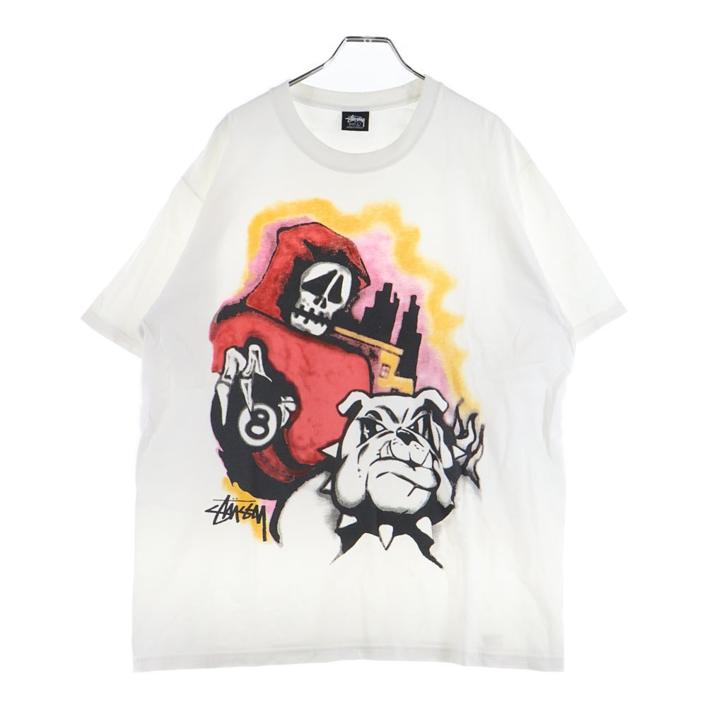 STUSSY(ステューシー) S/S REAPER TEE スカル ブルドッグ プリント クルーネック半袖Tシャツ ホワイト