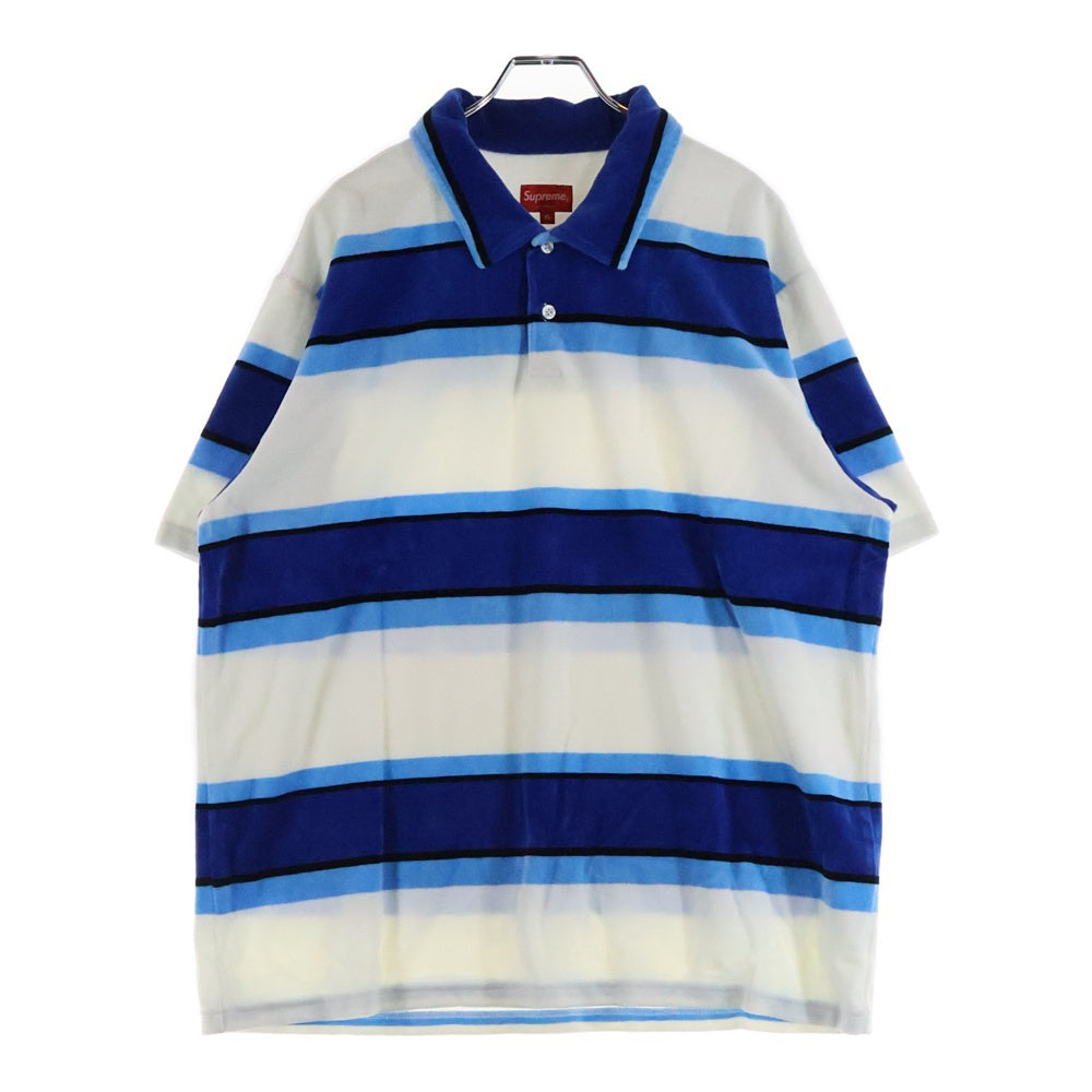 SUPREME(シュプリーム) 21SS Stripe Velour Polo ストライプ ロゴプリント ベロア 半袖ポロシャツ ホワイト/ブルー
