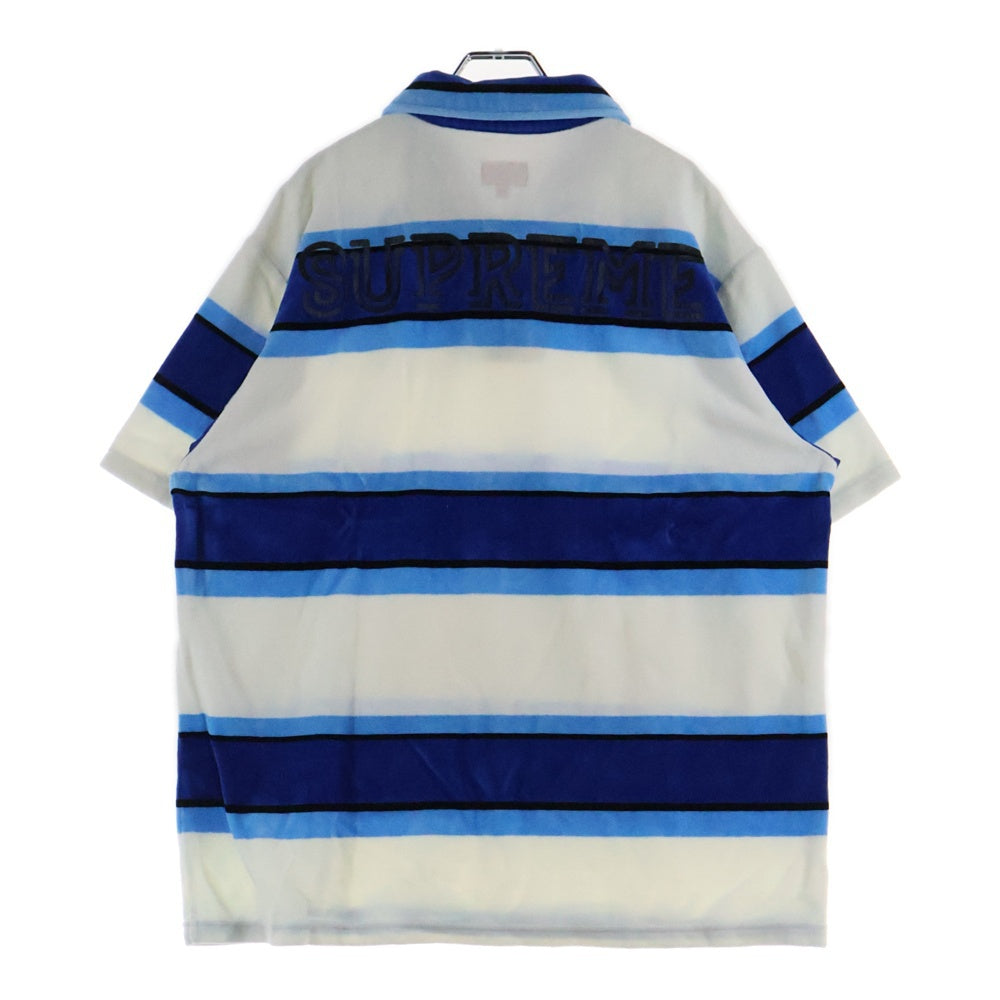 SUPREME(シュプリーム) 21SS Stripe Velour Polo ストライプ ロゴプリント ベロア 半袖ポロシャツ ホワイト/ブルー