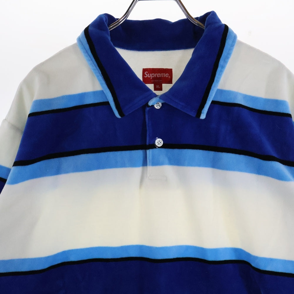 SUPREME(シュプリーム) 21SS Stripe Velour Polo ストライプ ロゴプリント ベロア 半袖ポロシャツ ホワイト/ブルー